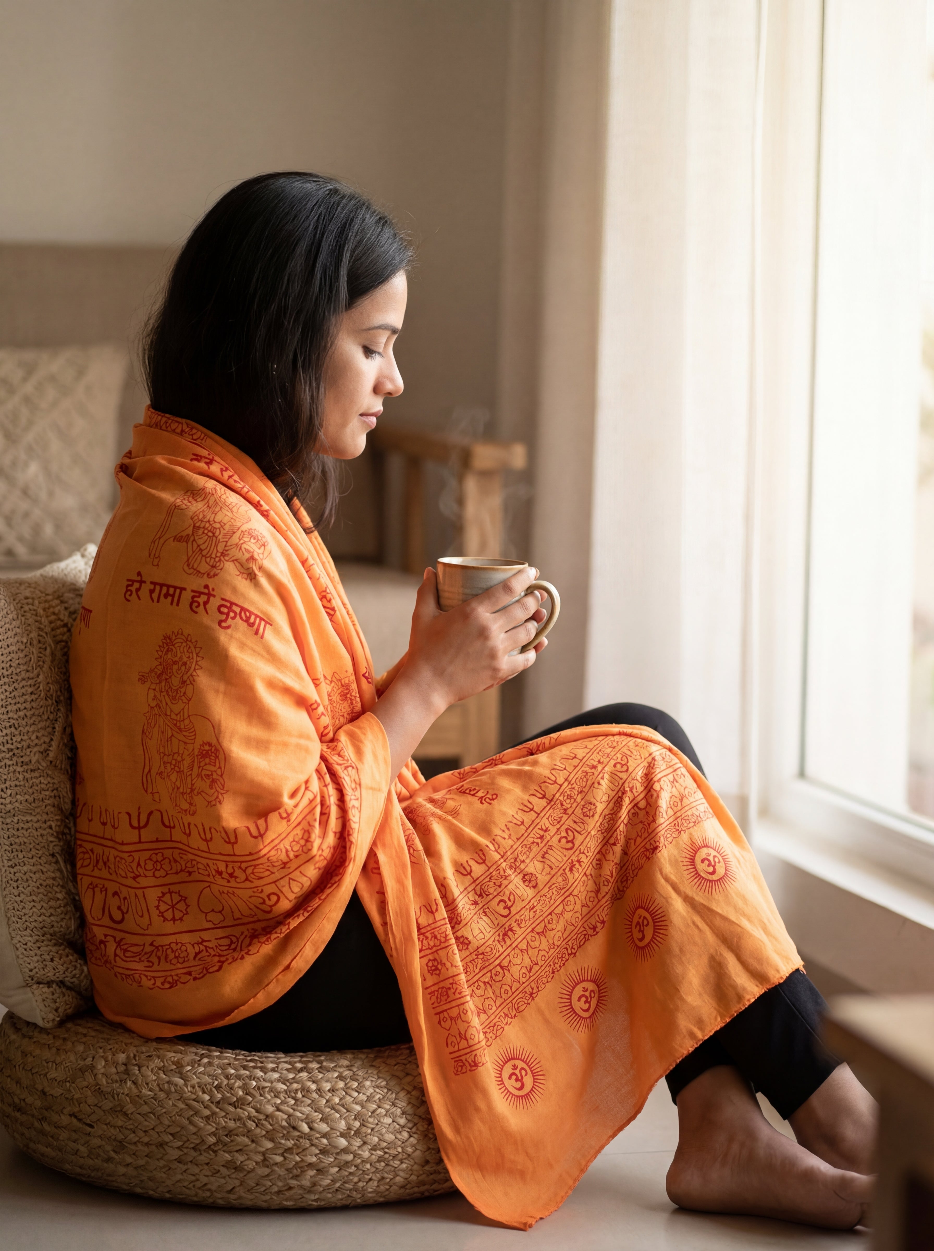 Woman in an orange Krishna print yoga shawl holding a mug by a window