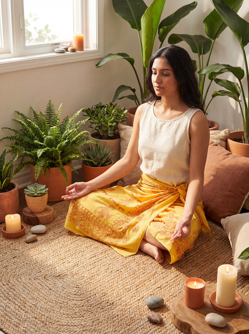Woman in a yellow Krishna print hand dyed yoga wrap worn as a skirt sitting on a rug surrounded by potted plants and candles in a cozy room.