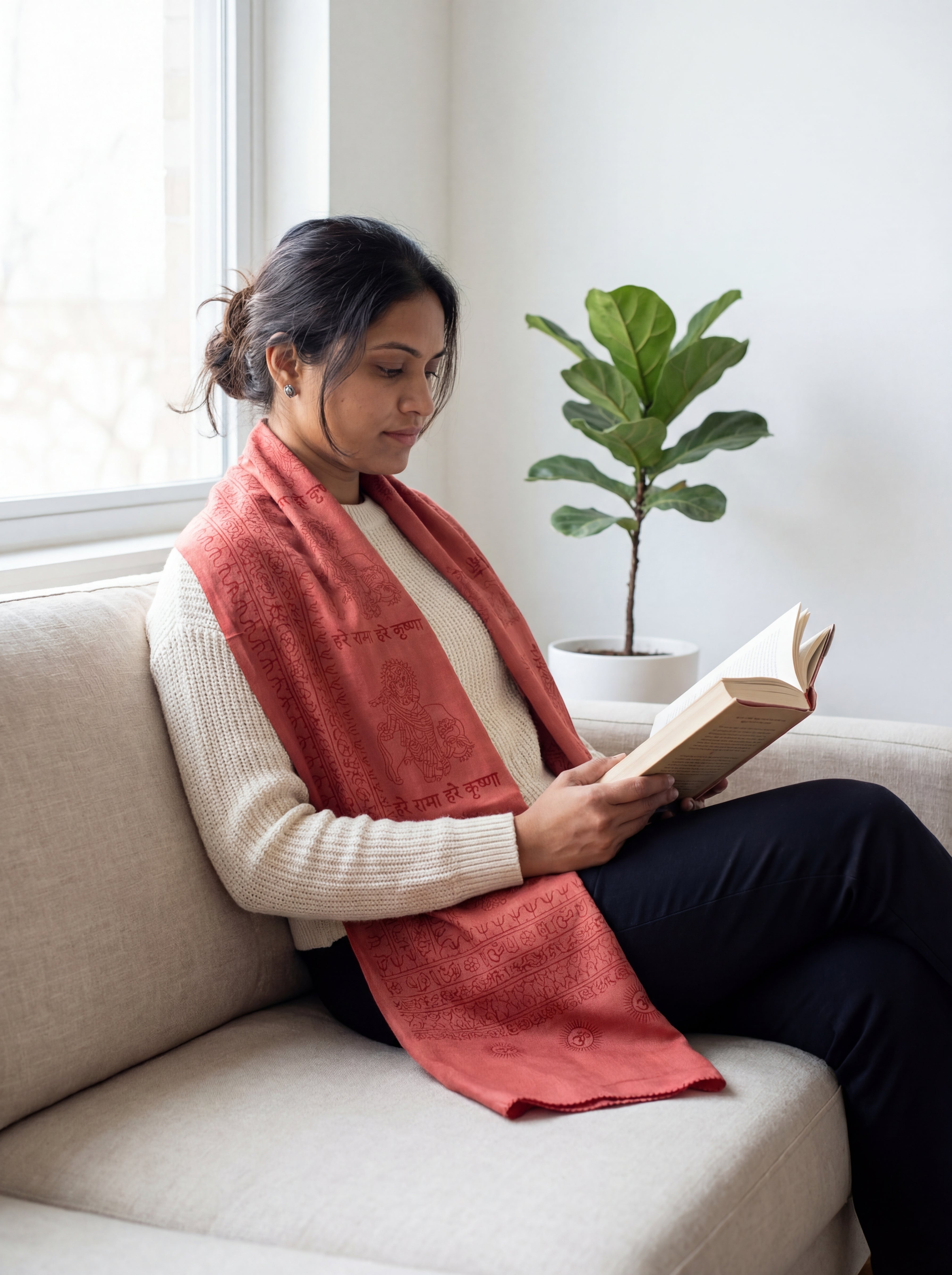 Woman with a red Krishna design yoga scarf draped over her shoulders reading a book on a couch, with a plant in the background.
