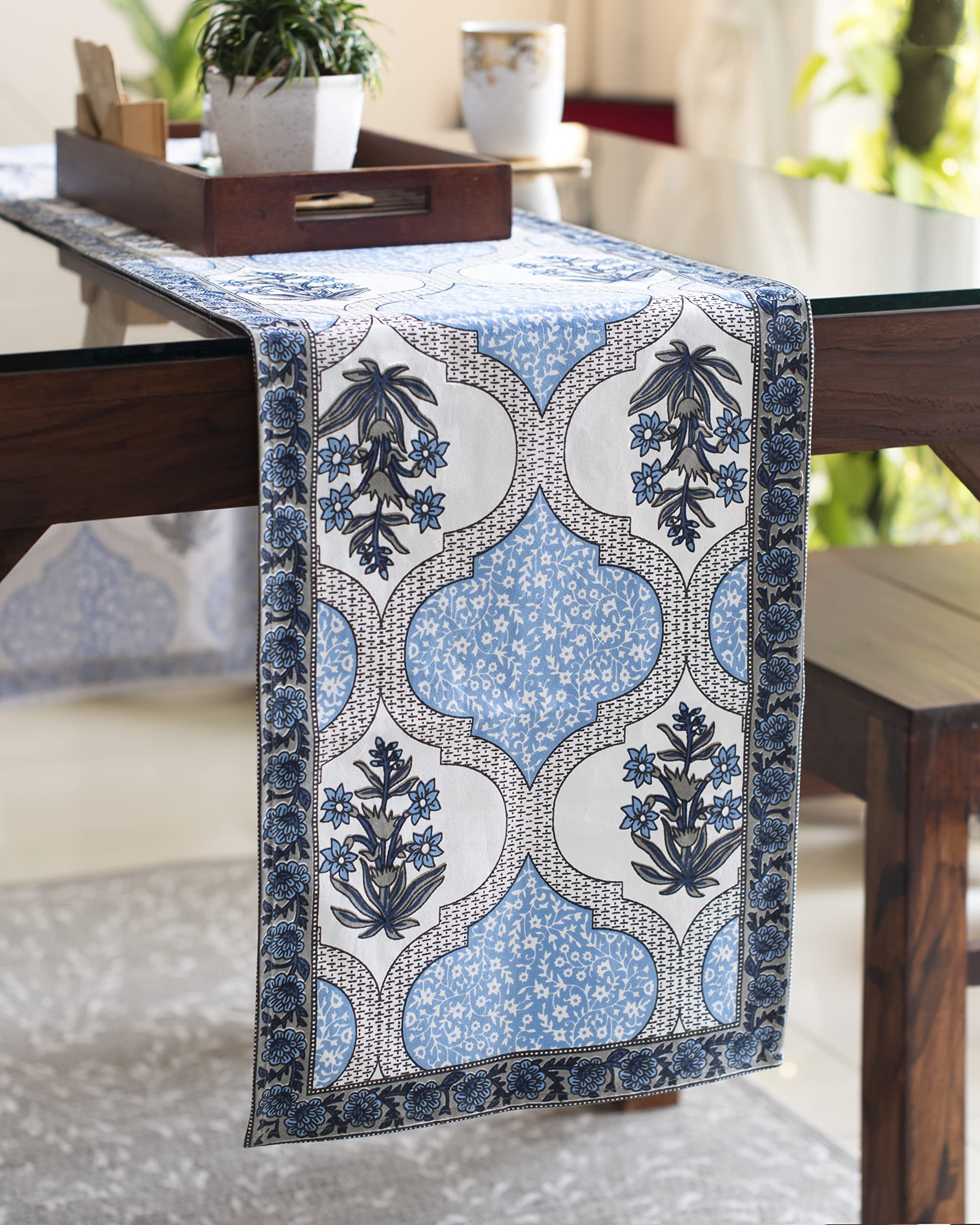 Table Runner with Floral Print - Handmade Authentic Indian Rajasthani Tableware Home Decor 73” x13”