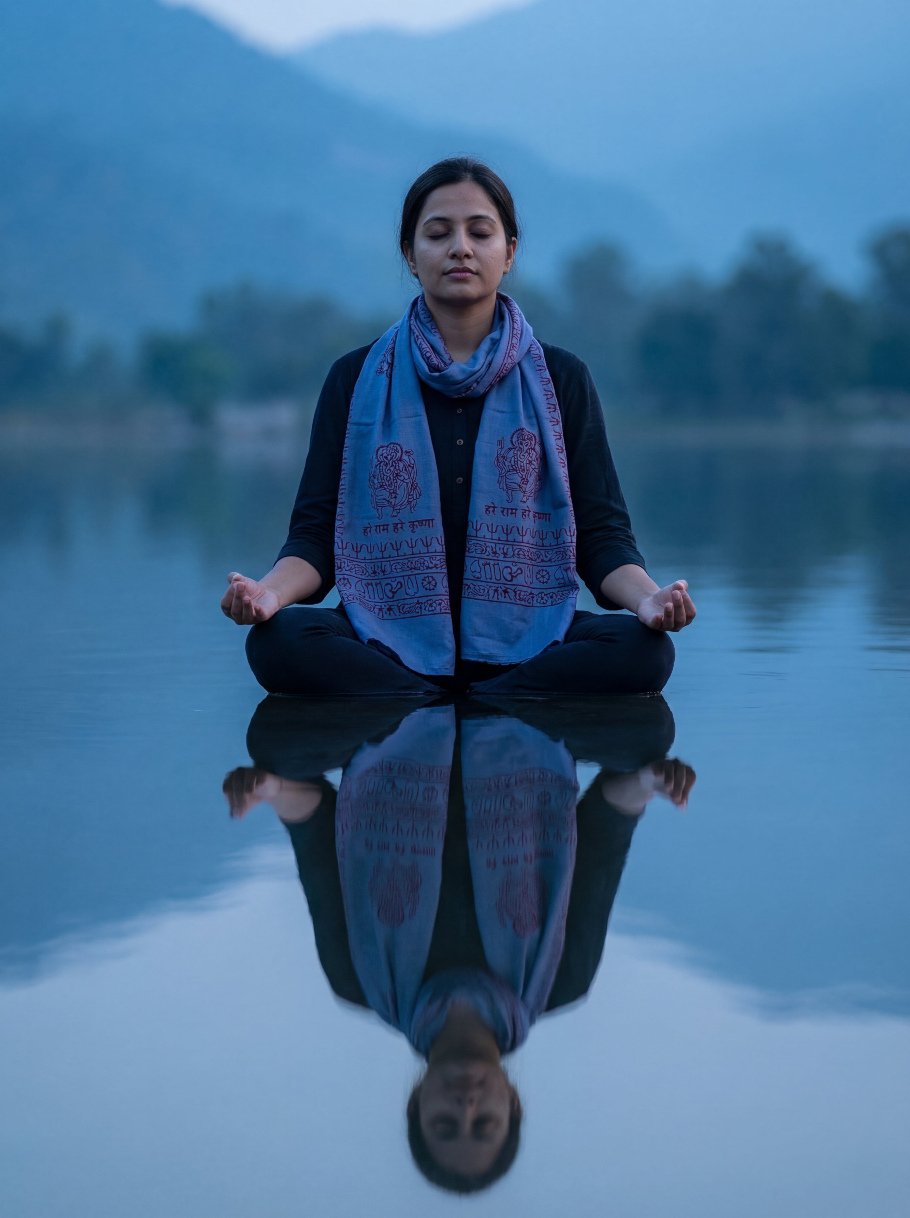 Person wearing a Ganesha print yoga scarf meditating in a lotus position on a reflective lake with mountains in the background
