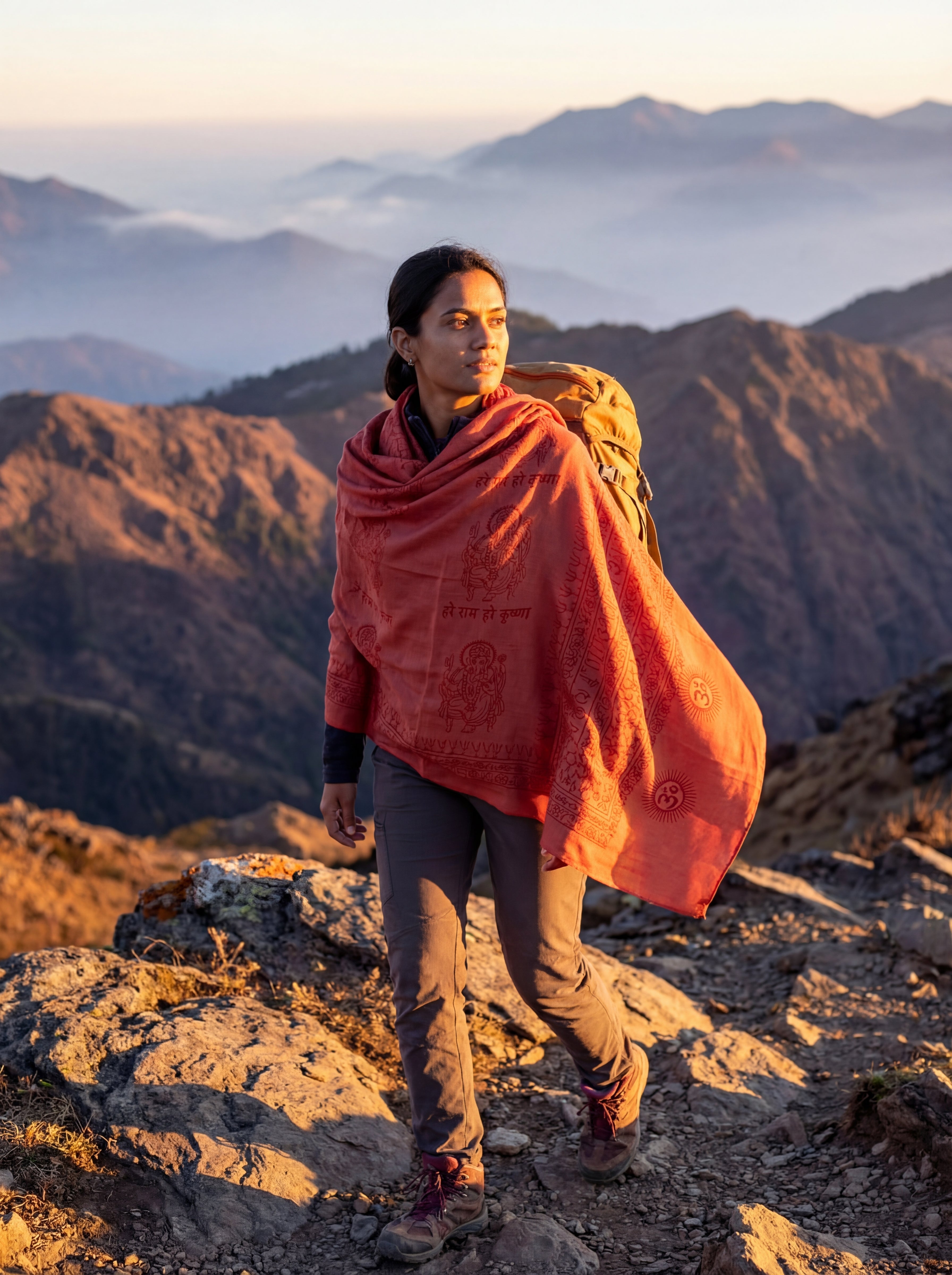 Person wearing a Ganesha print yoga shawl standing on a mountain with a scenic view of mountains in the background