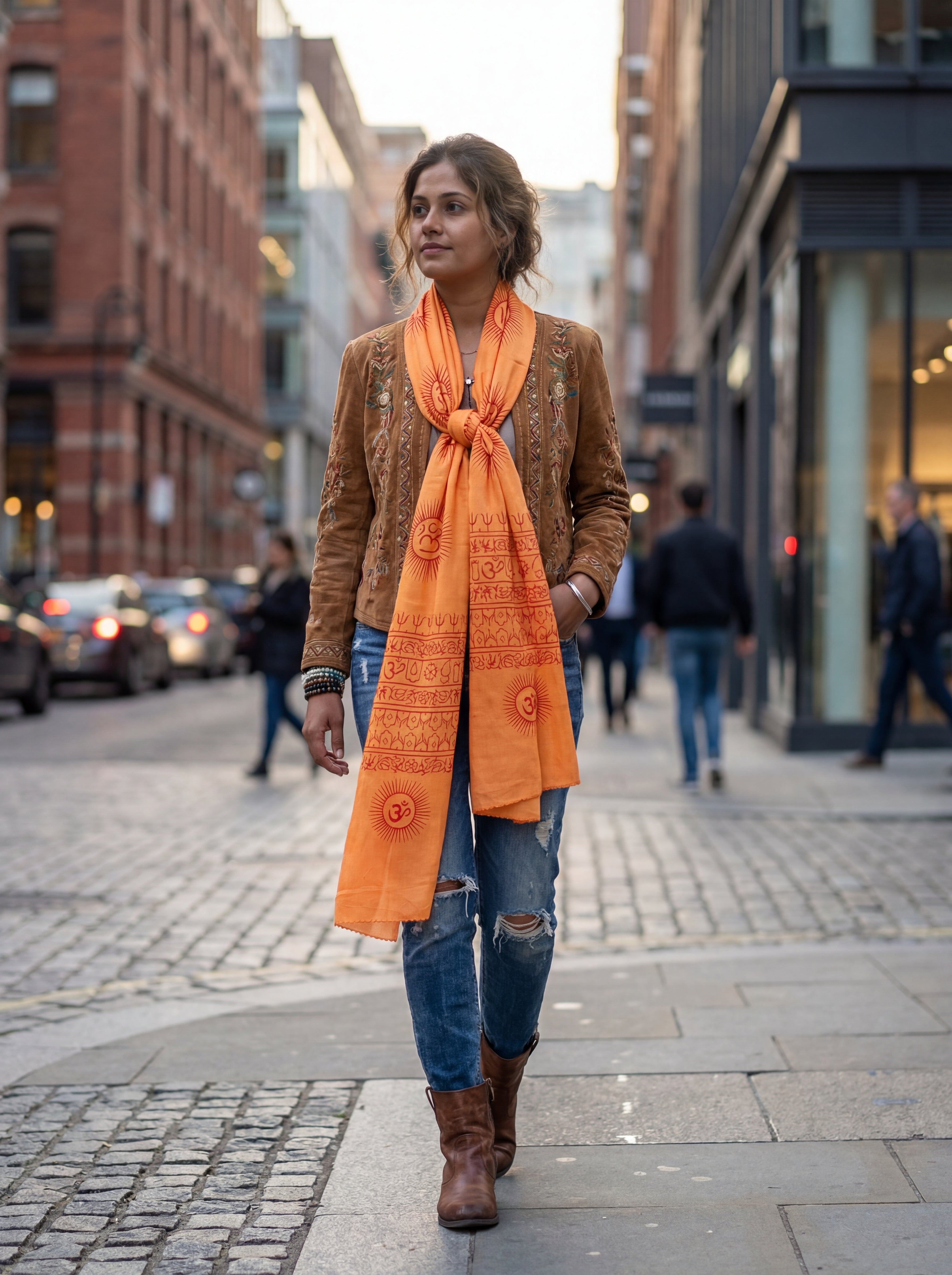 Woman wearing an orange Om print yoga scarf and jacket on a city street