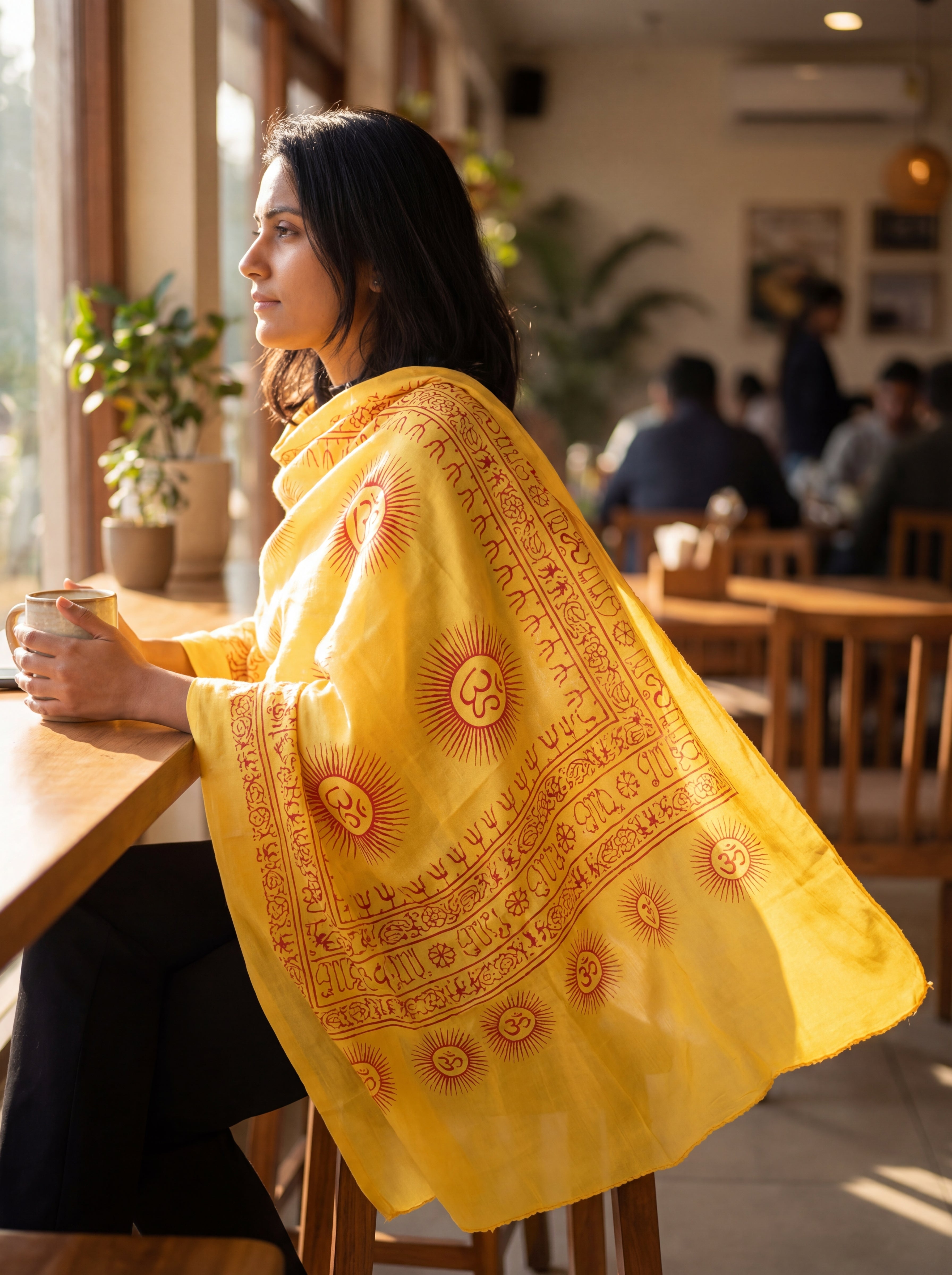 Woman sitting at a table in a cafe wearing a yellow patterned Om yoga shawl.