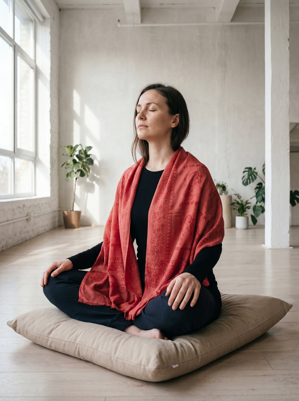 Woman wearing a red Ganesha print hand dyed yoga shawl while meditating on a cushion in a bright room with large windows and plants.