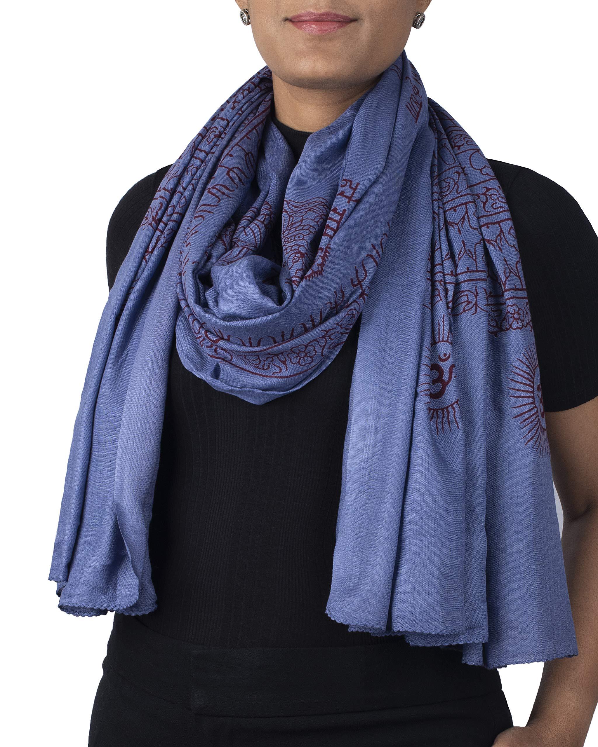 Blue Om prayer shawl from Varanasi, large soft wrap for spiritual seekers and boho festival wear.