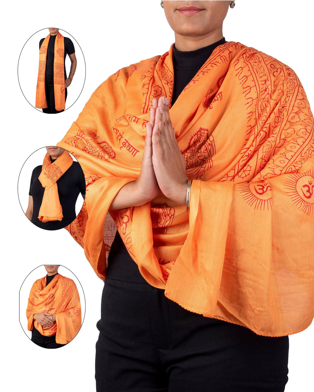 Different ways to wear the Orange Om prayer shawl 40x73 large yoga wrap. 
