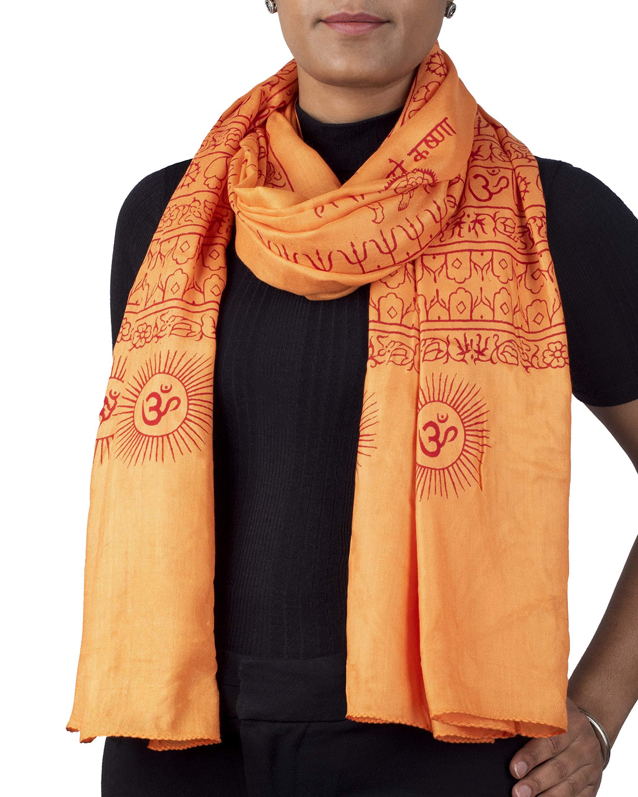Orange Om prayer shawl draped on model, extra soft lightweight yoga wrap for chanting, kirtan and satsang.