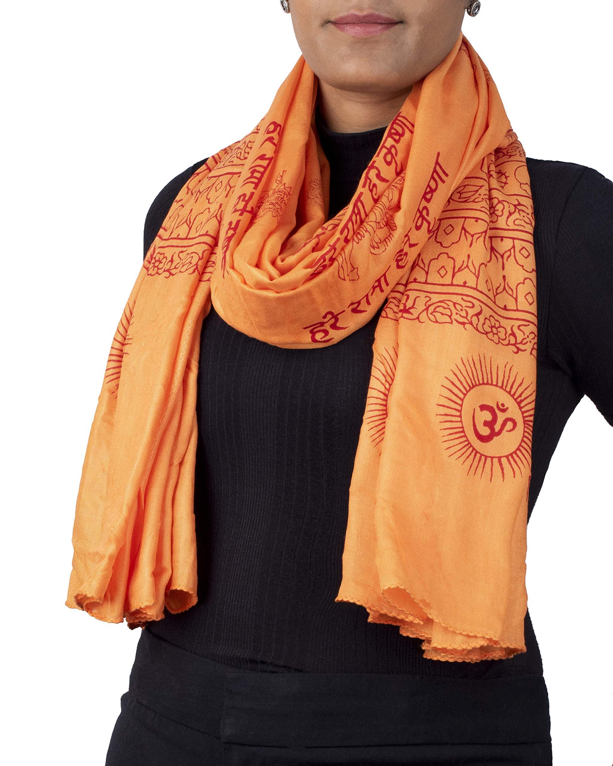 Orange Om prayer shawl on model, extra soft lightweight yoga wrap for chanting, kirtan and satsang.