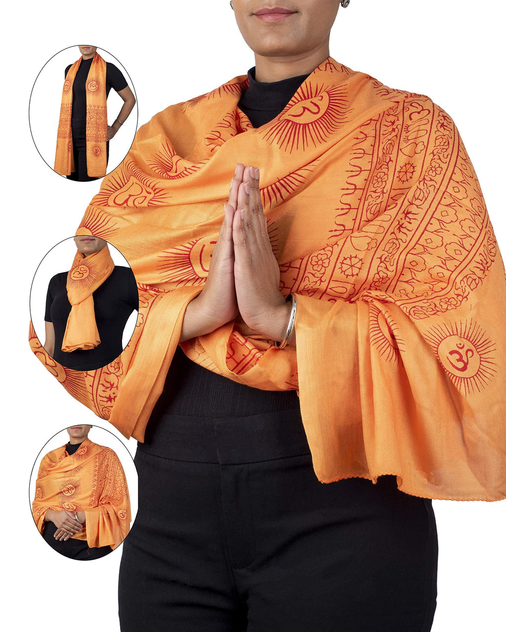 Orange Om yoga scarf, spiritual meditation shawl and Hindu prayer wrap, unisex boho accessory.