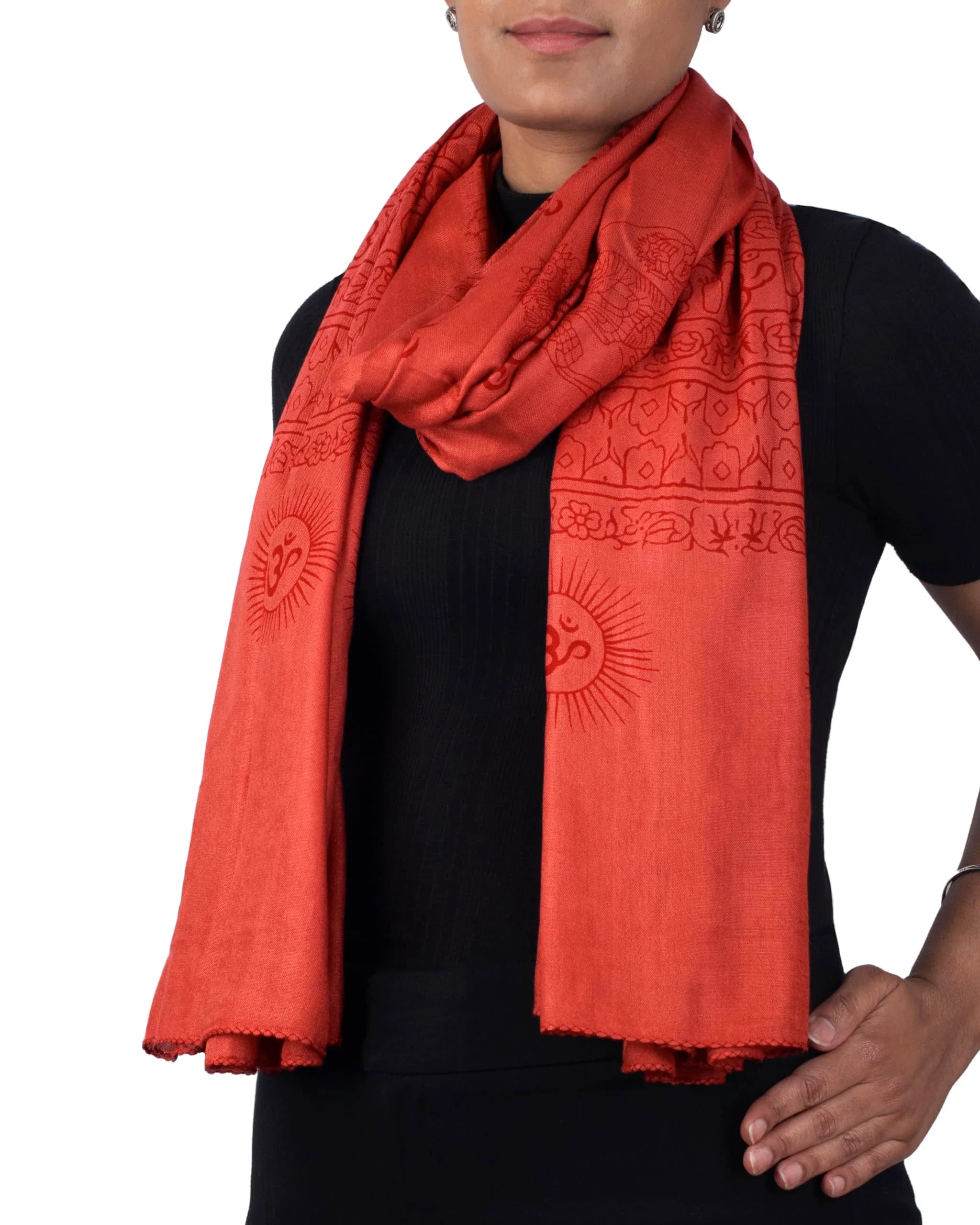 Red Om prayer shawl on model, 40x73, Hindu yoga wrap for altar cloth, chanting and daily practice.