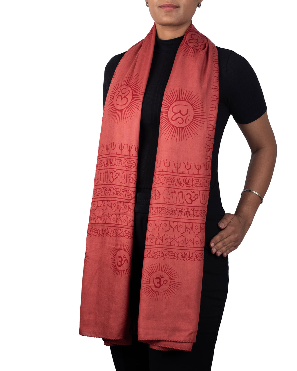 Red Om yoga scarf, extra soft meditation shawl with Sanskrit mantra pattern, handmade in India.