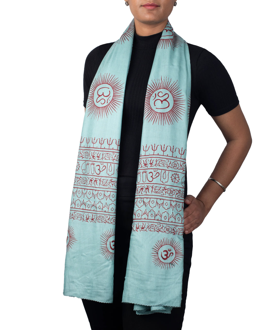 Turquoise Om yoga shawl, boho meditation scarf with Sanskrit mantra print, ethically hand made in India.