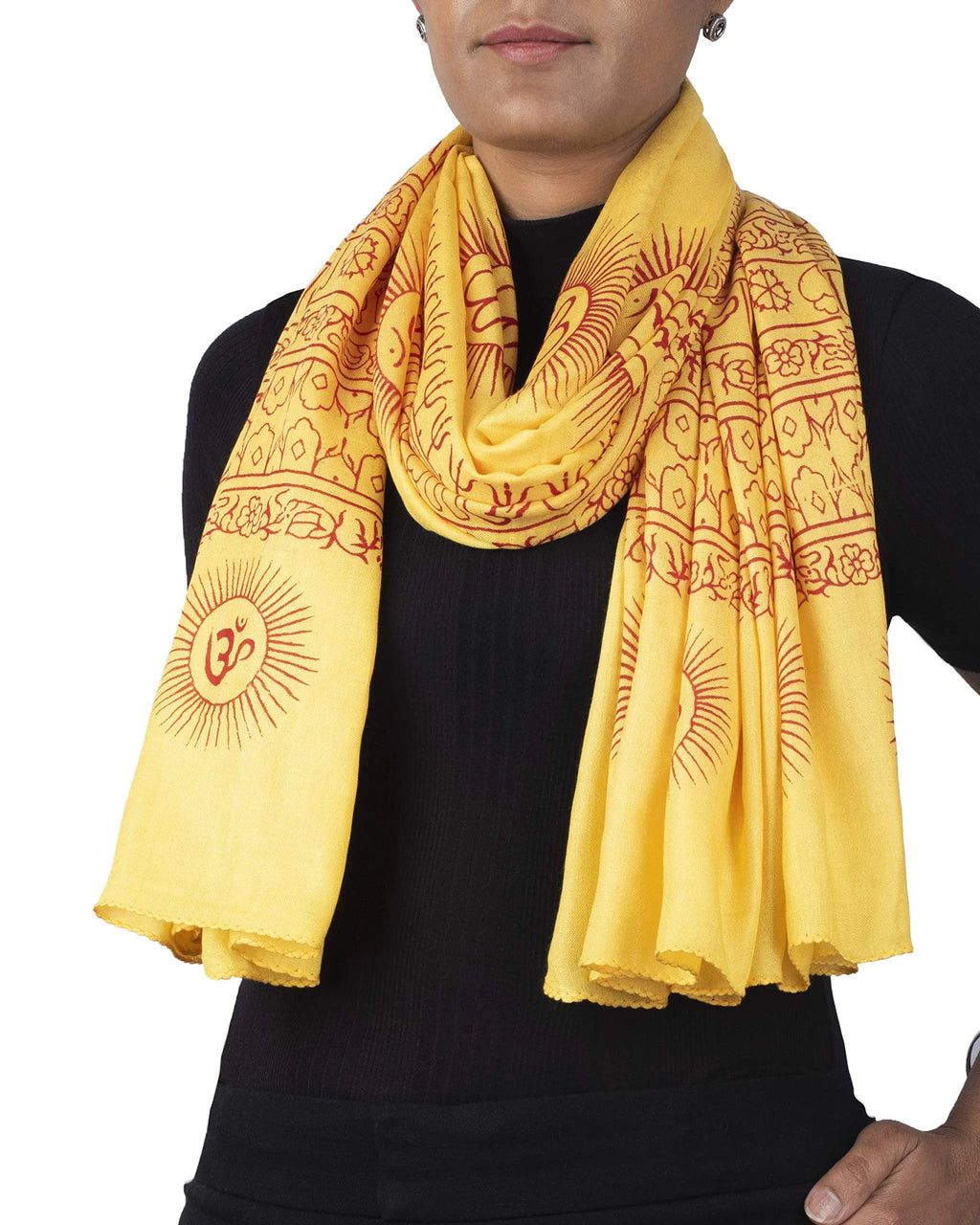 Yellow Om prayer shawl 40x73, large yoga wrap for altar, temple and retreat.
