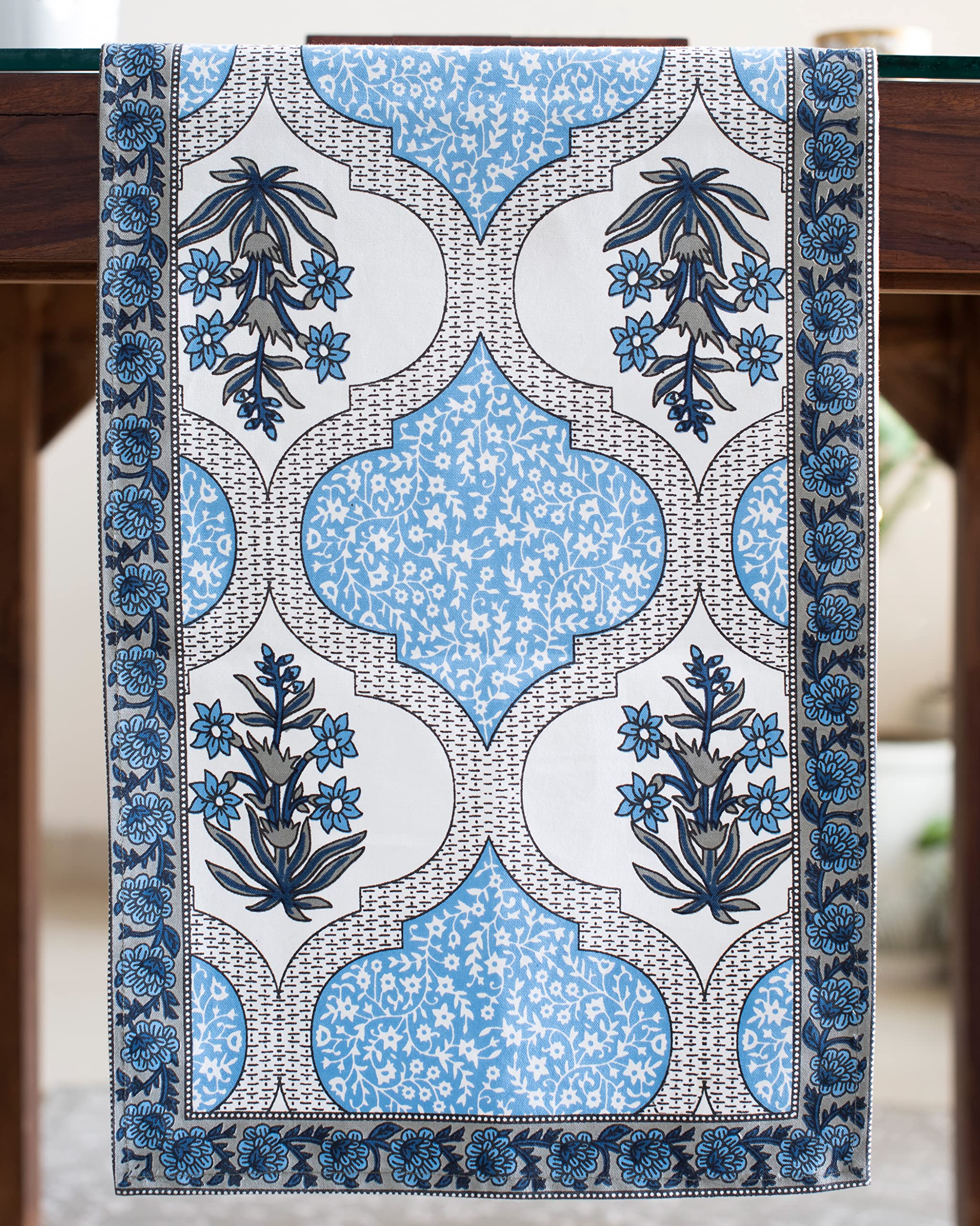 Table Runner with Floral Print - Handmade Authentic Indian Rajasthani Tableware Home Decor 73” x13”