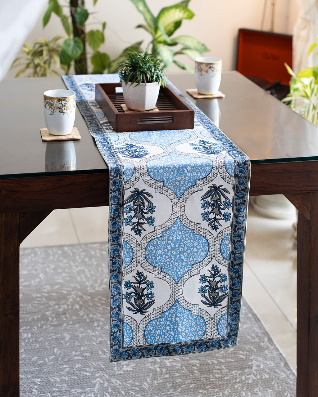 Table Runner with Floral Print - Handmade Authentic Indian Rajasthani Tableware Home Decor 73” x13”