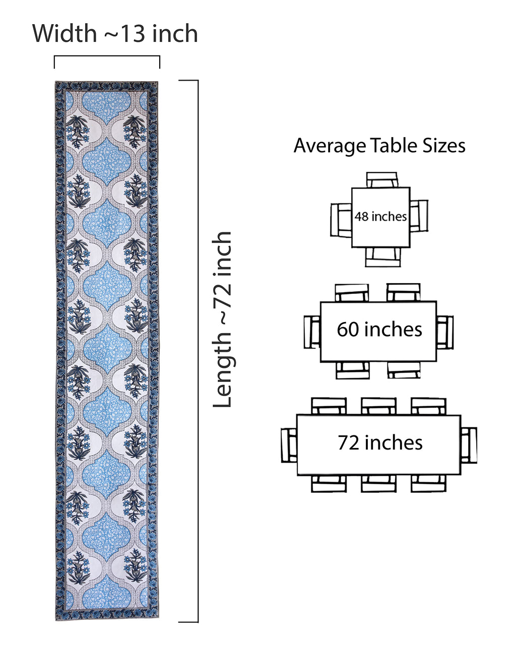 Table Runner with Floral Print - Handmade Authentic Indian Rajasthani Tableware Home Decor 73” x13”
